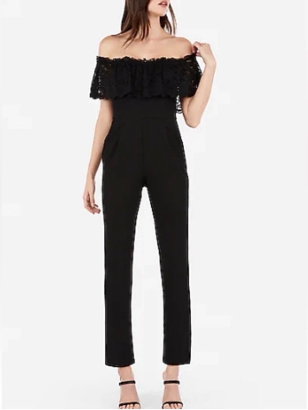 Express Black Off-Shoulder Lace Ruffle Jumpsuit